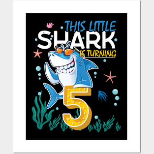 Turning 5 Years Old, Boy Girl Shark Birthday Theme, 5th Bday Posters and Art